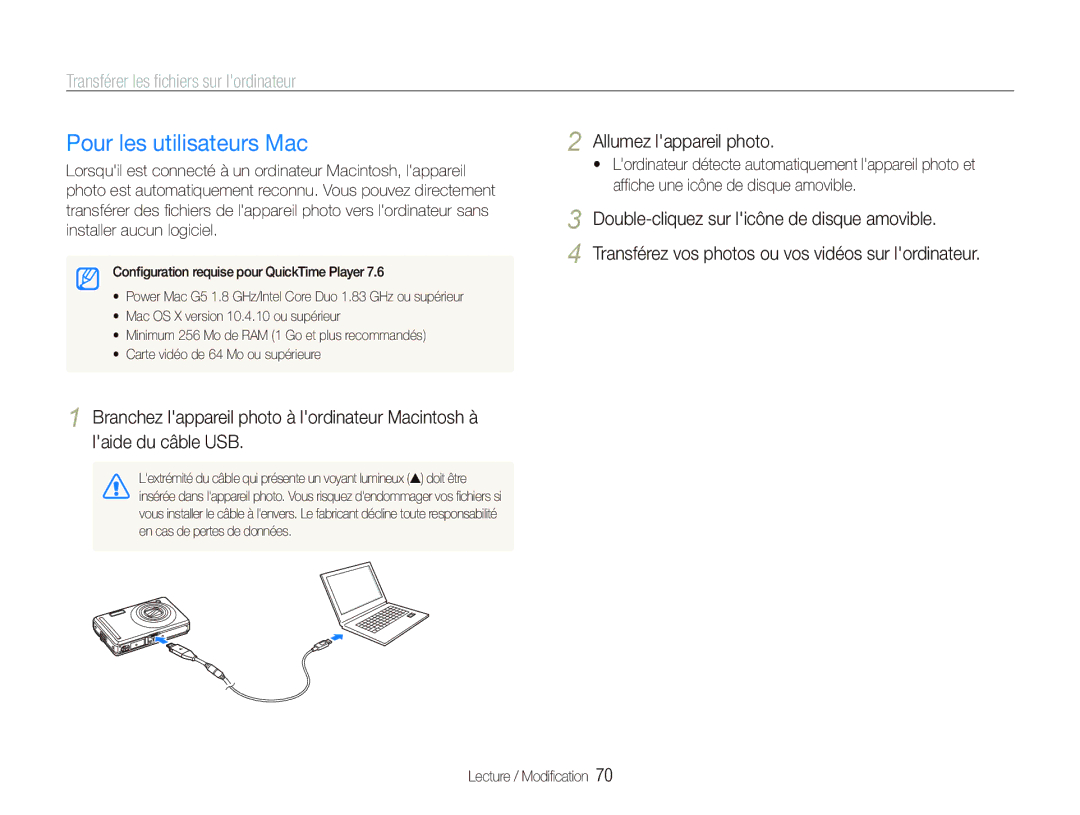 Samsung EC-PL70ZZBPBE1, EC-PL70ZZBPBFR, EC-PL70ZZBPSFR, EC-PL70ZZBCPE1 Pour les utilisateurs Mac, Allumez lappareil photo 