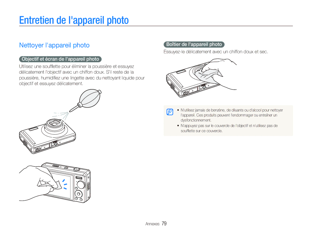 Samsung EC-PL70ZZBPBFR manual Entretien de lappareil photo, Nettoyer lappareil photo, Objectif et écran de lappareil photo 