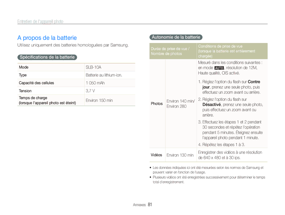 Samsung EC-PL70ZZBPSFR, EC-PL70ZZBPBFR manual Propos de la batterie, Spéciﬁcations de la batterie, Autonomie de la batterie 