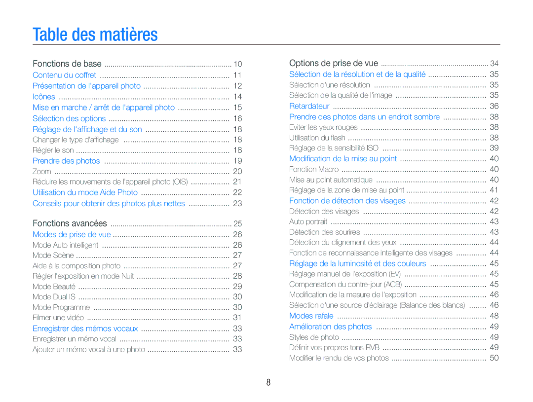 Samsung EC-PL70ZZBPPE1, EC-PL70ZZBPBFR, EC-PL70ZZBPBE1, EC-PL70ZZBPSFR, EC-PL70ZZBCPE1 manual Table des matières 