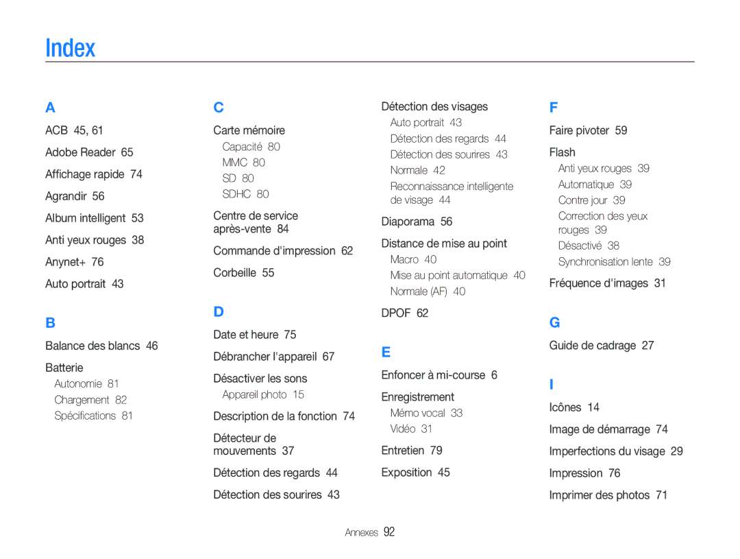 Samsung EC-PL70ZZBCPE1, EC-PL70ZZBPBFR manual Index, Autonomie Chargement Spéciﬁcations, Capacité MMC, Mémo vocal Vidéo 