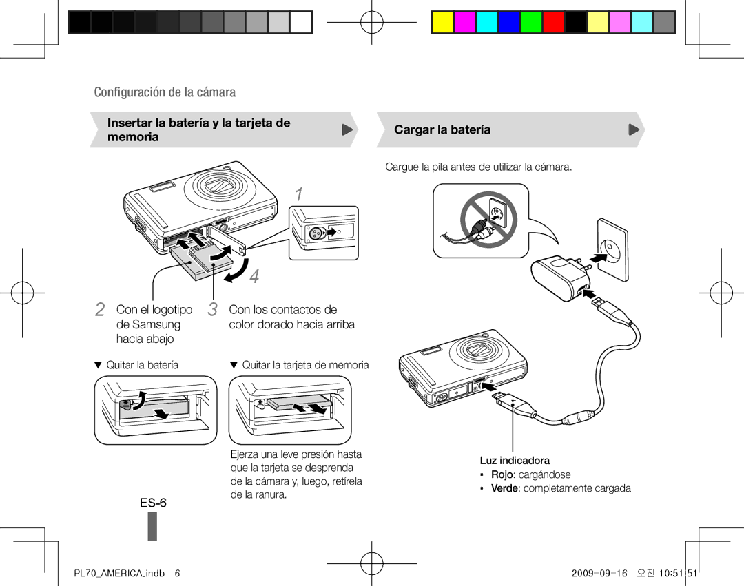 Samsung EC-PL70ZZBPRVN, EC-PL70ZZBPBFR, EC-PL70ZZBPBE1 ES-6, Insertar la batería y la tarjeta de memoria, Cargar la batería 