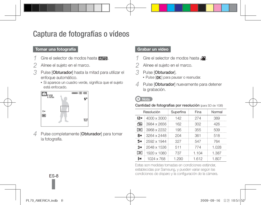 Samsung EC-PL70ZZBPBE3, EC-PL70ZZBPBFR, EC-PL70ZZBPBE1, EC-PL70ZZBPSFR manual ES-8, Tomar una fotografía, Grabar un vídeo 