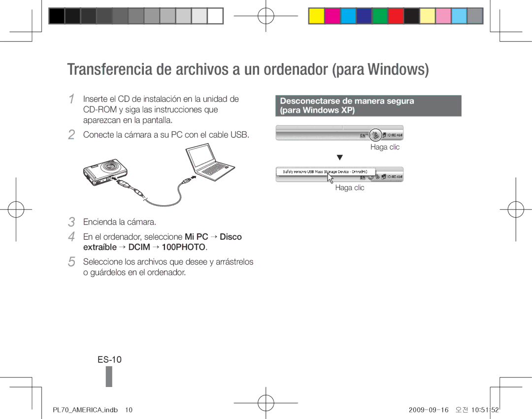 Samsung EC-PL70ZZBCPE3 manual Transferencia de archivos a un ordenador para Windows, ES-10, Desconectarse de manera segura 