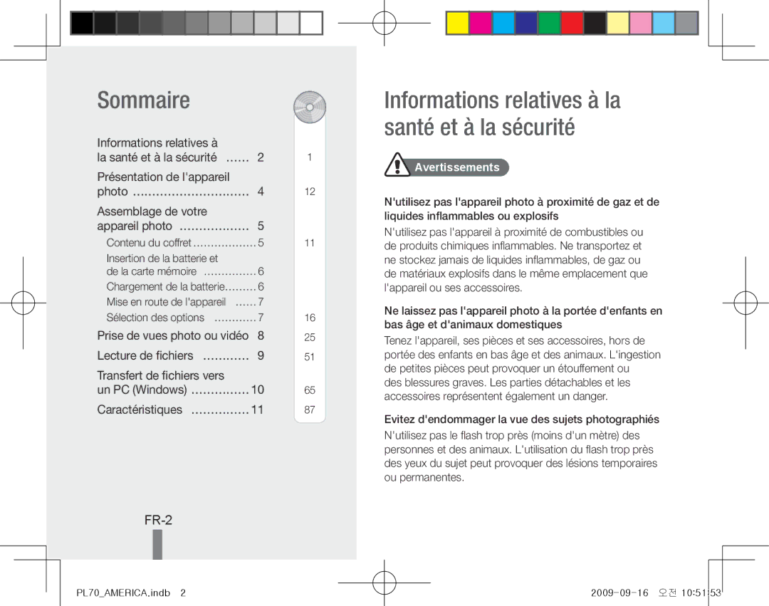 Samsung EC-PL70ZZBPRE1 manual Sommaire, Informations relatives à la santé et à la sécurité, FR-2, Caractéristiques… …………… 