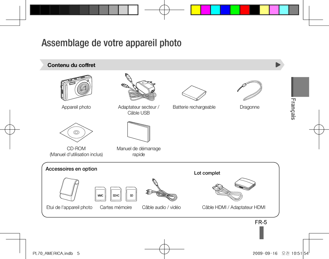 Samsung EC-PL70ZZBPSE3, EC-PL70ZZBPBFR Assemblage de votre appareil photo, FR-5, Contenu du coffret, Accessoires en option 