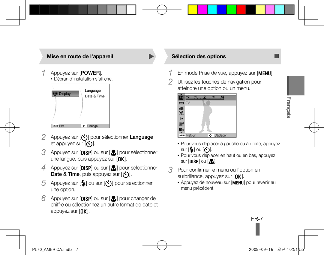 Samsung EC-PL70ZZBPRE2, EC-PL70ZZBPBFR, EC-PL70ZZBPBE1 manual FR-7, Mise en route de lappareil, Sélection des options 