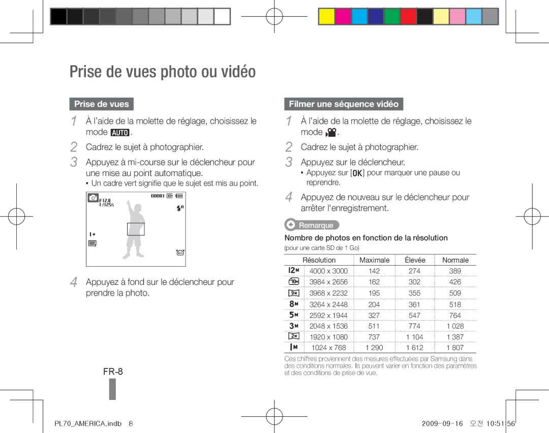 Samsung EC-PL70ZZBPBE2, EC-PL70ZZBPBFR, EC-PL70ZZBPBE1 manual Prise de vues photo ou vidéo, FR-8, Filmer une séquence vidéo 