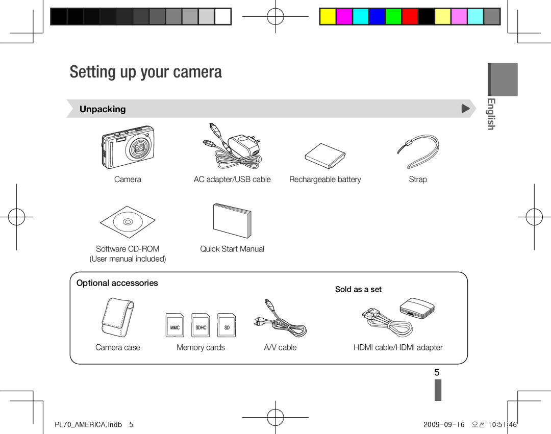 Samsung EC-PL70ZZBPPIT, EC-PL70ZZBPBFR, EC-PL70ZZBPBE1 manual Setting up your camera, Unpacking, Optional accessories 