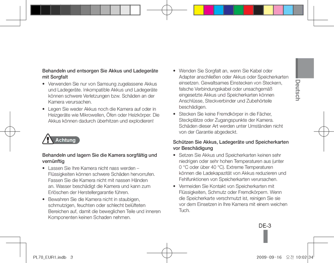 Samsung EC-PL70ZZBPSGB, EC-PL70ZZBPBFR, EC-PL70ZZBPBE1, EC-PL70ZZBPSFR, EC-PL70ZZBCPE1, EC-PL70ZZBPPE1 manual DE-3, Achtung 