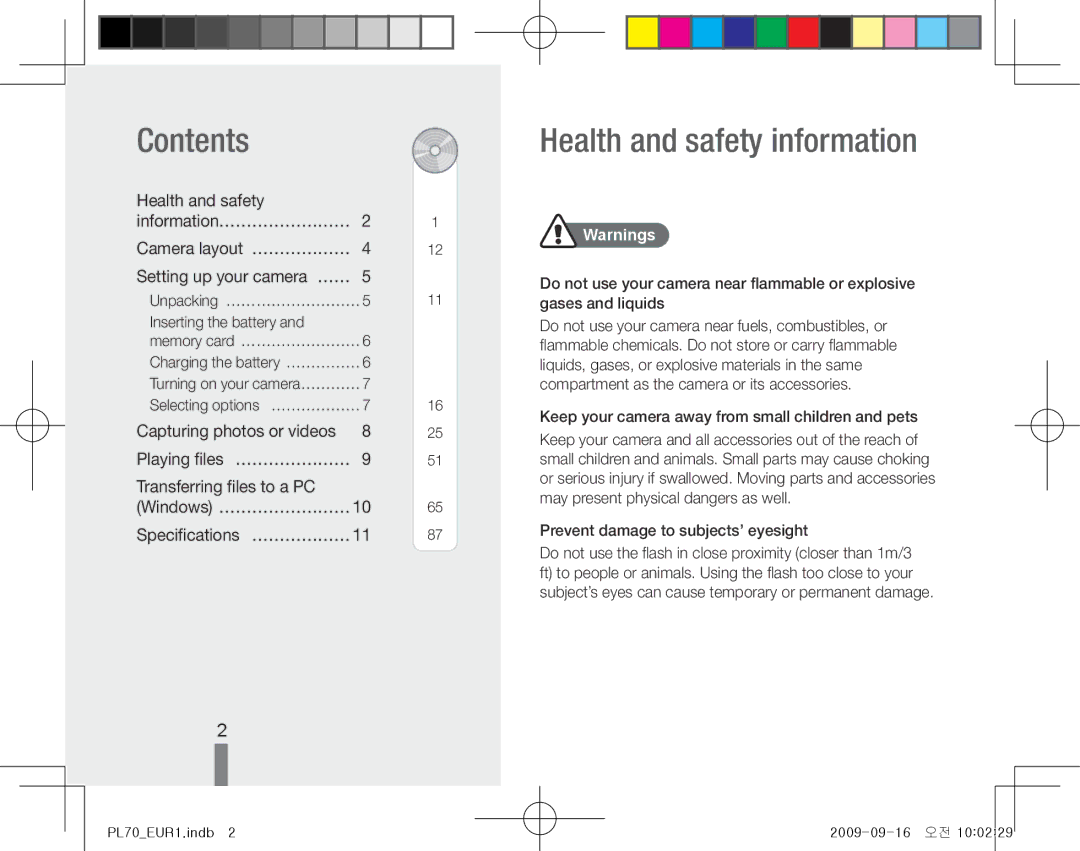 Samsung EC-PL70ZZBPSFR, EC-PL70ZZBPBFR, EC-PL70ZZBPBE1, EC-PL70ZZBCPE1 manual Contents, Health and safety information 