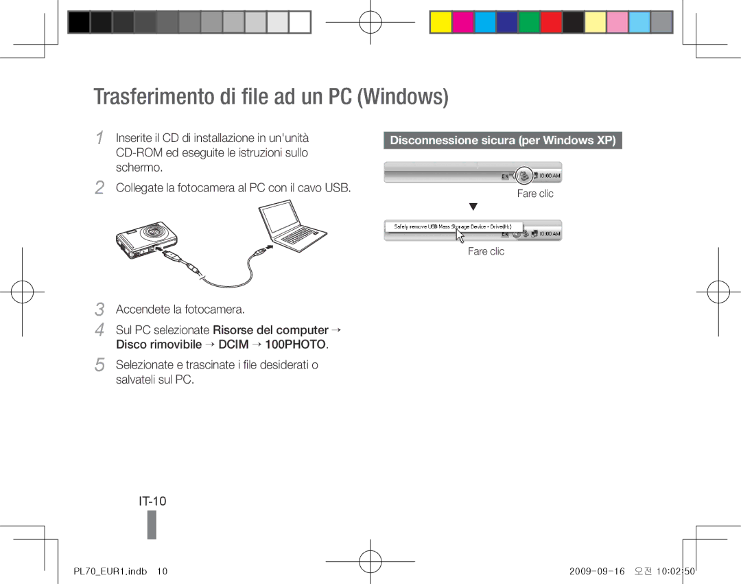 Samsung EC-PL70ZZBPRVN Trasferimento di file ad un PC Windows, IT-10, Disconnessione sicura per Windows XP, Fare clic 