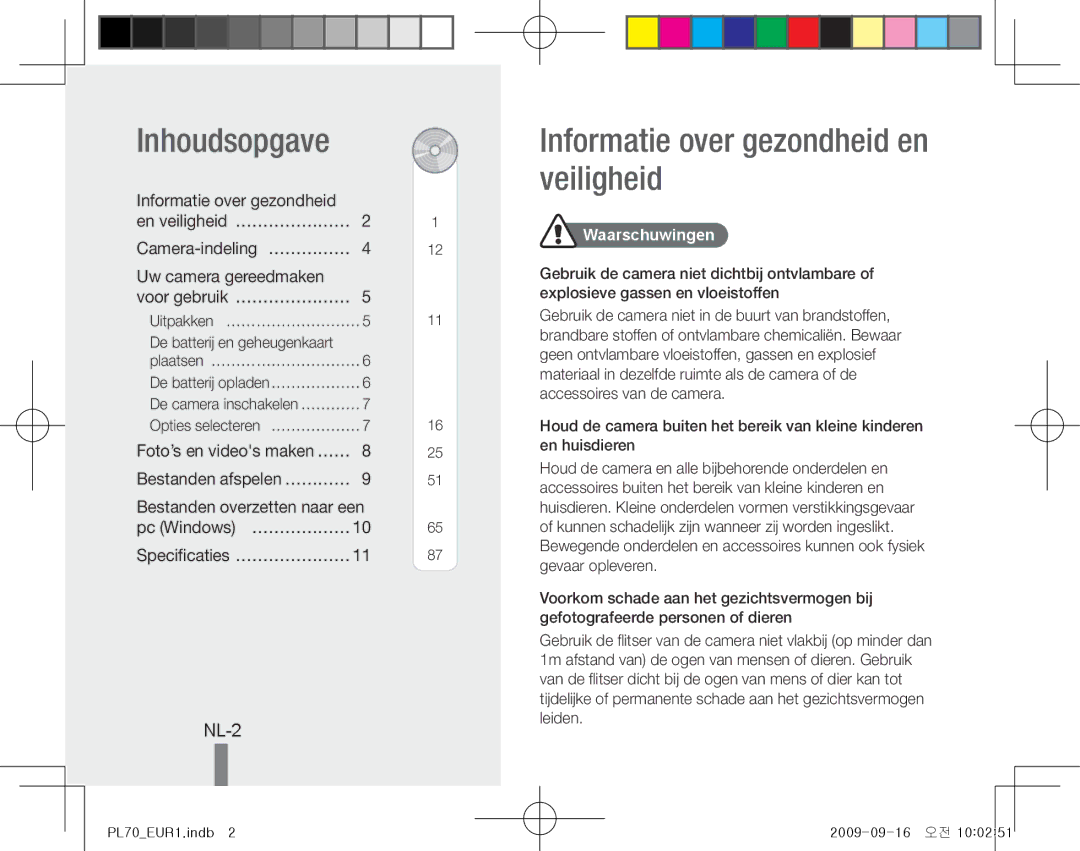 Samsung EC-PL70ZZBPBE3, EC-PL70ZZBPBFR manual Inhoudsopgave, Informatie over gezondheid en veiligheid, NL-2, Waarschuwingen 