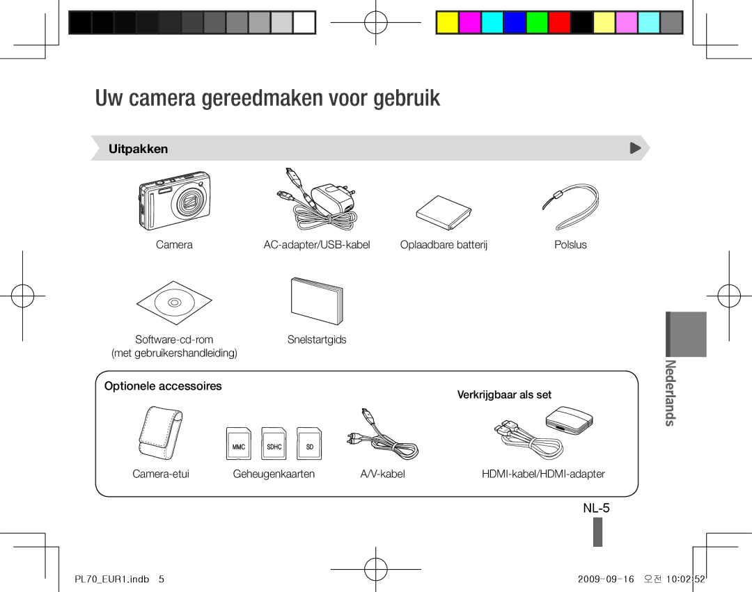 Samsung EC-PL70ZZBPSRU, EC-PL70ZZBPBFR manual Uw camera gereedmaken voor gebruik, NL-5, Uitpakken, Optionele accessoires 