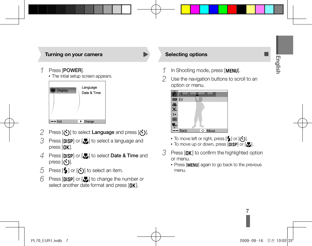 Samsung EC-PL70ZZBPSIT, EC-PL70ZZBPBFR, EC-PL70ZZBPBE1, EC-PL70ZZBPSFR manual Turning on your camera, Selecting options 