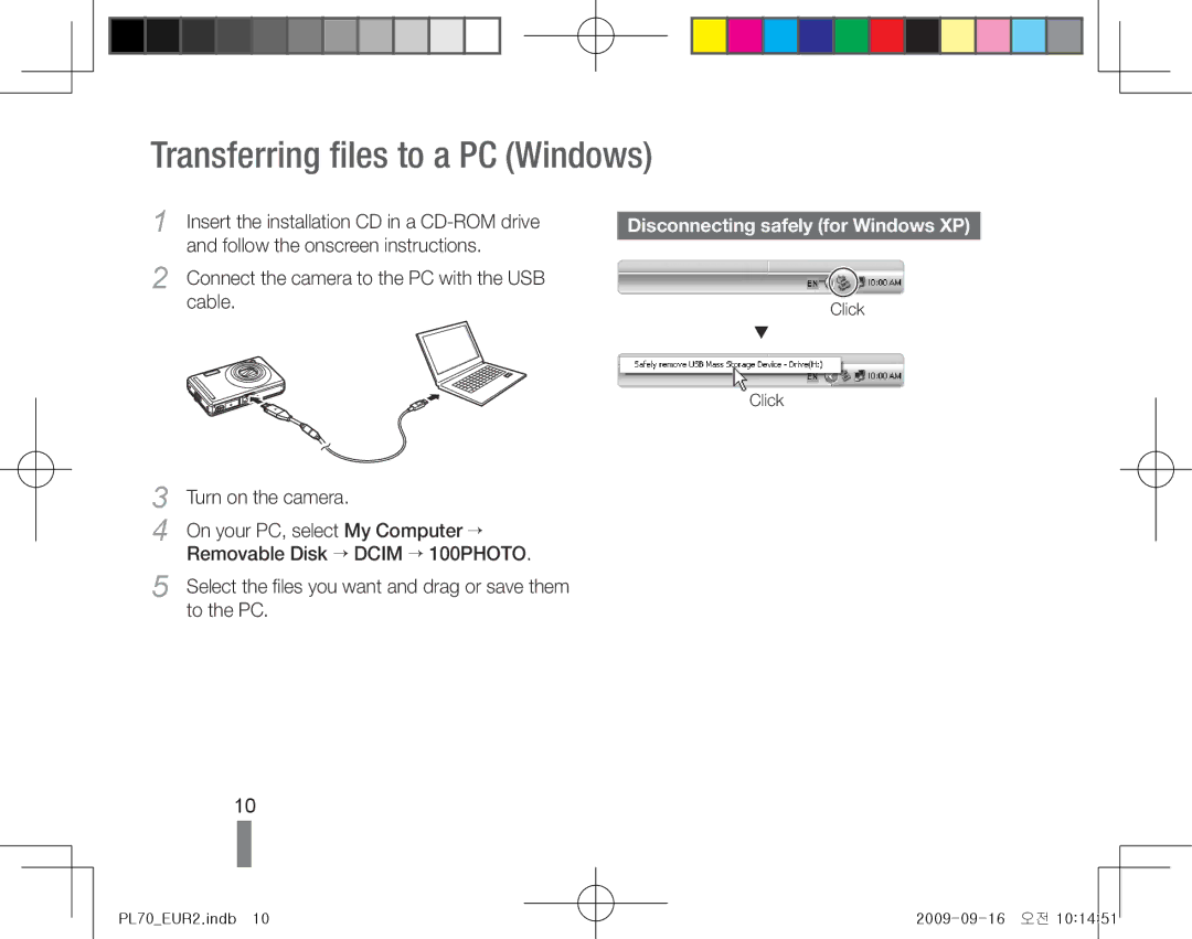 Samsung EC-PL70ZZDPSME manual Transferring files to a PC Windows, Disconnecting safely for Windows XP, Turn on the camera 