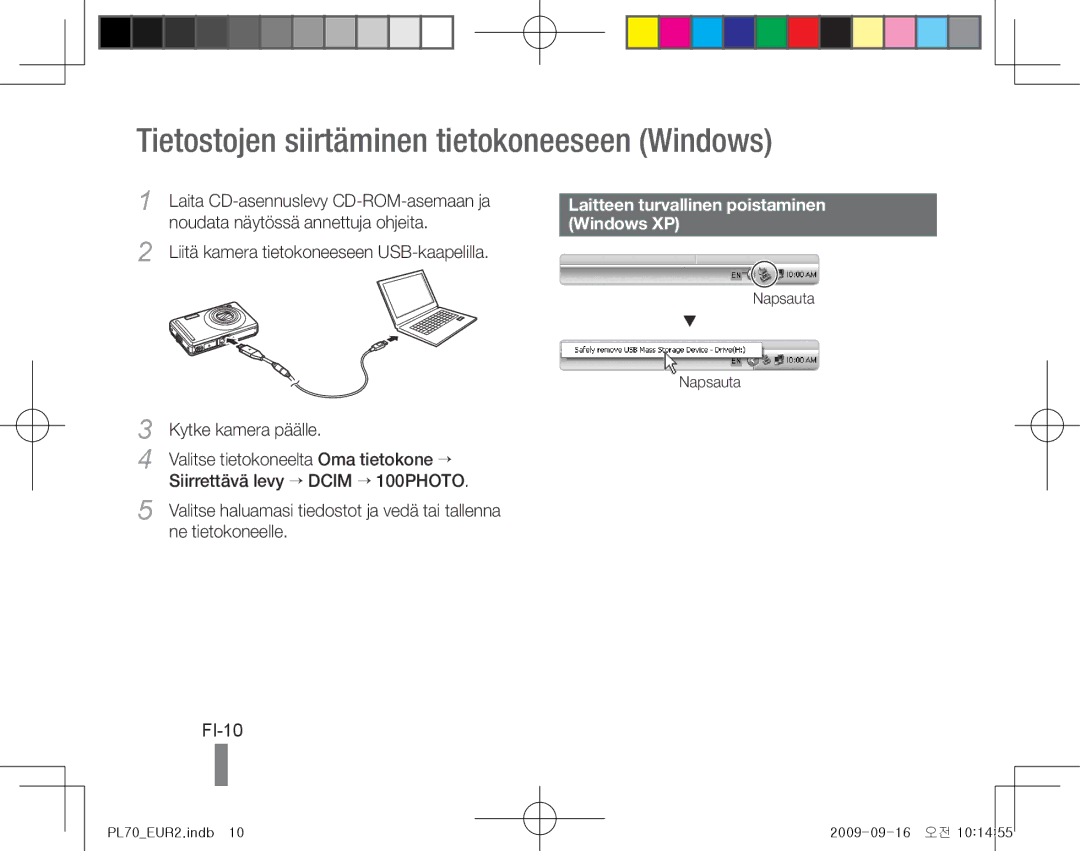 Samsung EC-PL70ZZBCPE3 Tietostojen siirtäminen tietokoneeseen Windows, FI-10, Laitteen turvallinen poistaminen Windows XP 