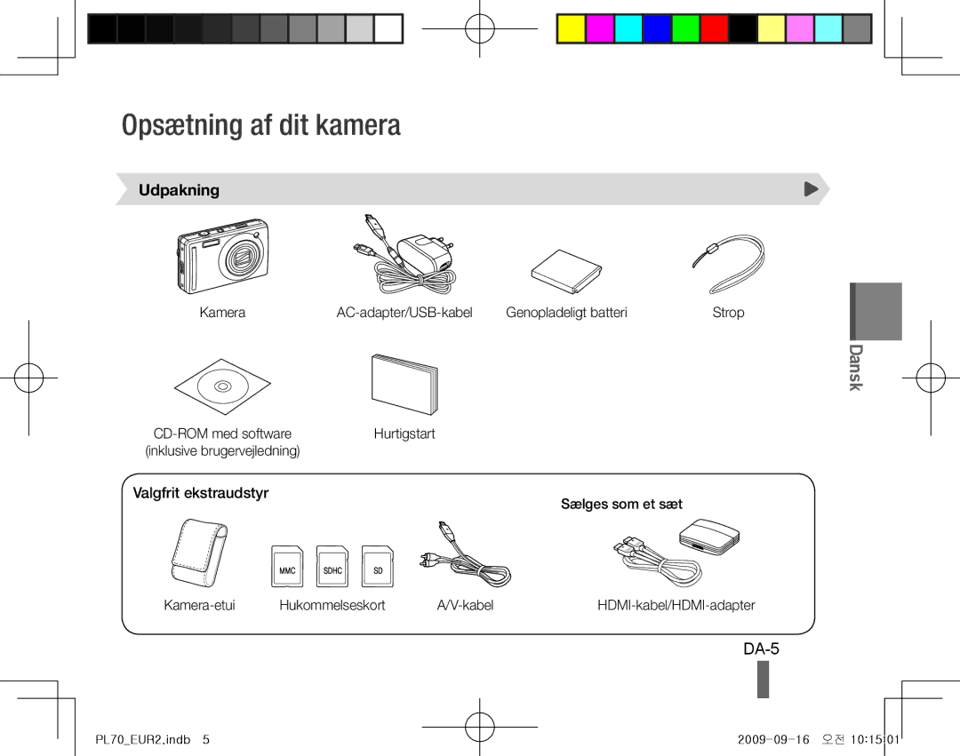 Samsung EC-PL70ZZBPBE1, EC-PL70ZZBPBFR, EC-PL70ZZBPSFR manual Opsætning af dit kamera, DA-5, Udpakning, Valgfrit ekstraudstyr 