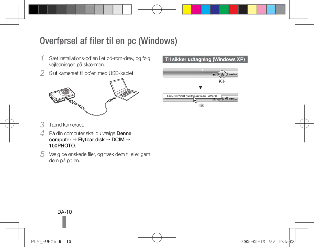 Samsung EC-PL70ZZBPRIT, EC-PL70ZZBPBFR Overførsel af filer til en pc Windows, DA-10, Til sikker udtagning Windows XP, Klik 