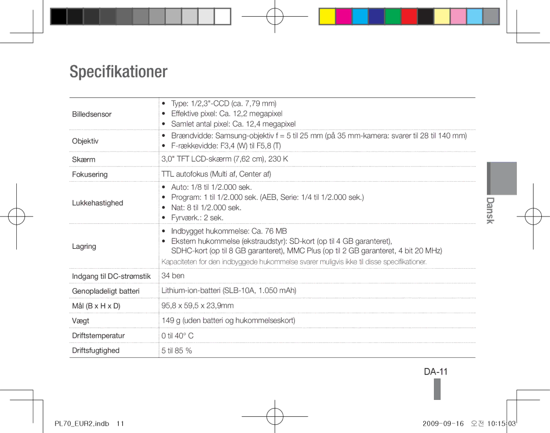 Samsung EC-PL70ZZBPSIT, EC-PL70ZZBPBFR, EC-PL70ZZBPBE1, EC-PL70ZZBPSFR, EC-PL70ZZBCPE1, EC-PL70ZZBPPE1 Specifikationer, DA-11 