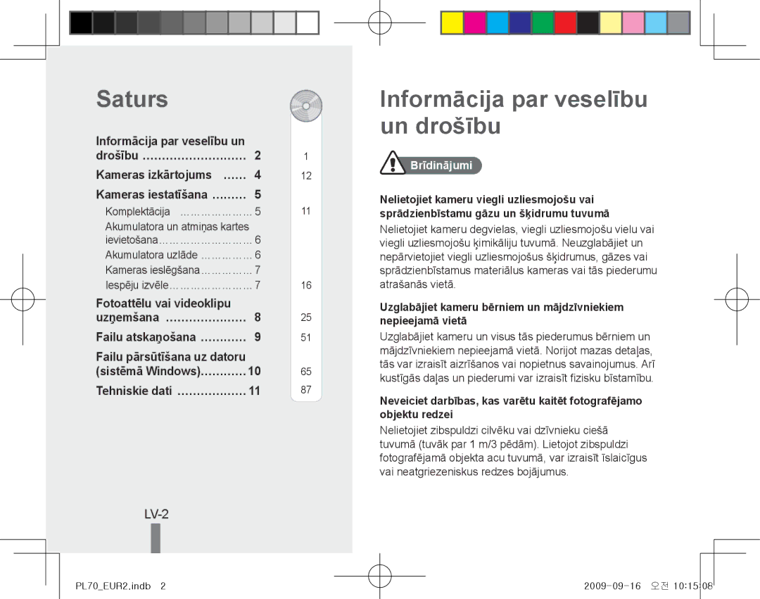 Samsung EC-PL70ZZBPBE3 manual Saturs, Informācija par veselību un drošību, LV-2, Tehniskie dati… ………………, Brīdinājumi 