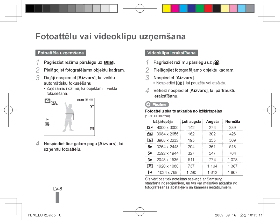 Samsung EC-PL70ZZBPBRU manual Fotoattēlu vai videoklipu uzņemšana, LV-8, Fotoattēla uzņemšana, Videoklipa ierakstīšana 