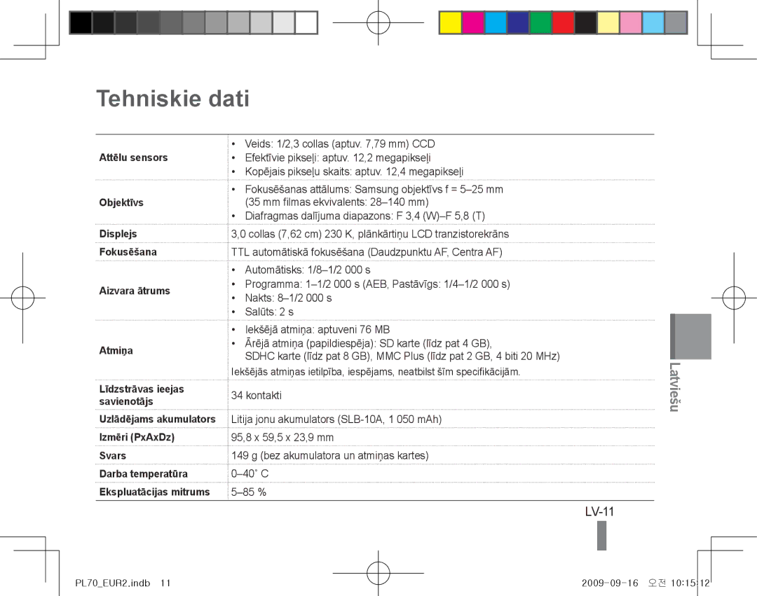 Samsung EC-PL70ZZBPRE2, EC-PL70ZZBPBFR, EC-PL70ZZBPBE1, EC-PL70ZZBPSFR, EC-PL70ZZBCPE1, EC-PL70ZZBPPE1 Tehniskie dati, LV-11 