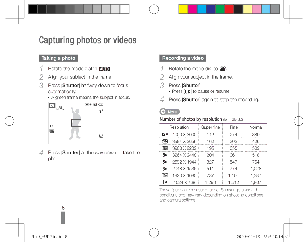 Samsung EC-PL70ZZBPBIT, EC-PL70ZZBPBFR, EC-PL70ZZBPBE1 manual Capturing photos or videos, Taking a photo, Recording a video 