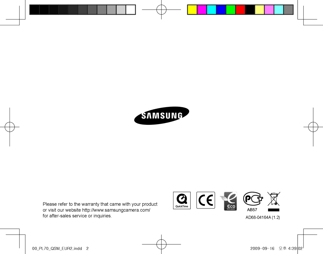 Samsung EC-PL70ZZBPBRU, EC-PL70ZZBPBFR, EC-PL70ZZBPBE1, EC-PL70ZZBPSFR manual 00PL70QSMEUR2.indd AD68-04164A 2009-09-16 오후 