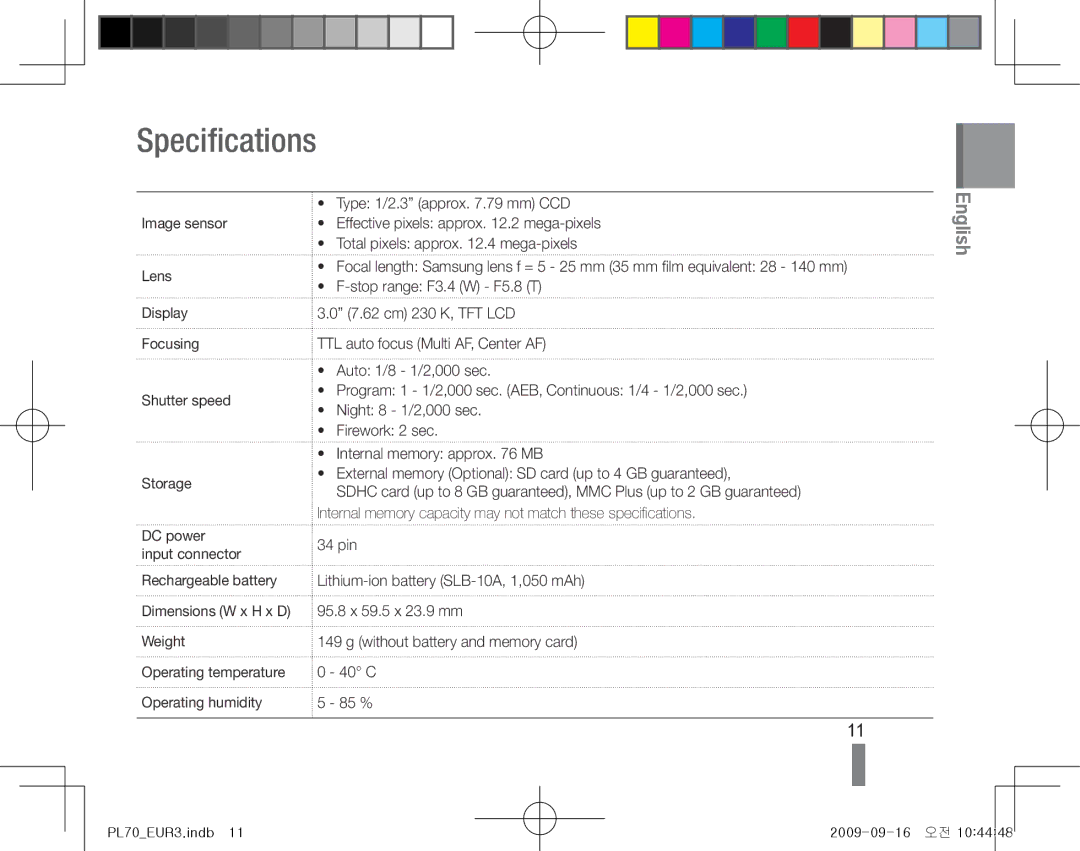 Samsung EC-PL70ZZDPBME Specifications, 95.8 x 59.5 x 23.9 mm, Weight, Operating temperature 40 C Operating humidity 85 % 