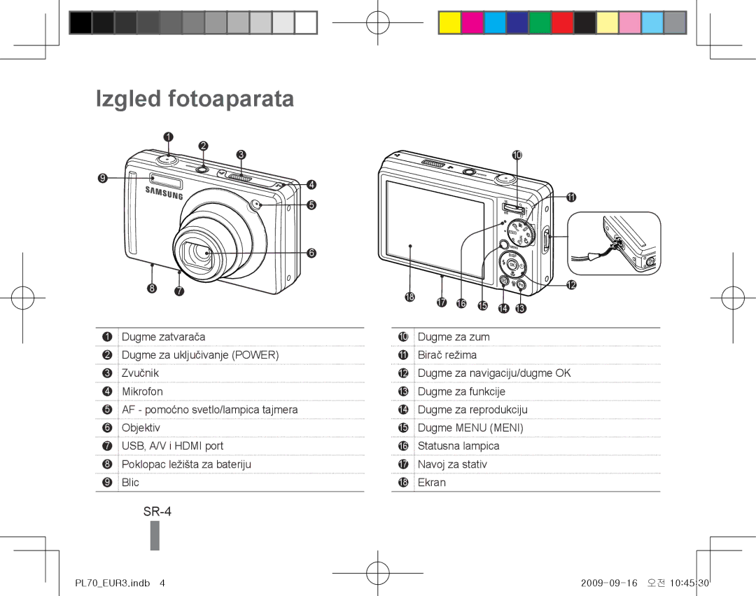 Samsung EC-PL70ZZBPSSA, EC-PL70ZZBPBFR, EC-PL70ZZBPBE1, EC-PL70ZZBPSFR, EC-PL70ZZBCPE1 manual Izgled fotoaparata, SR-4 