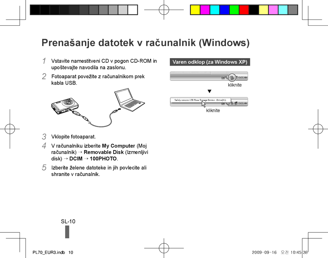 Samsung EC-PL70ZZBPBE2, EC-PL70ZZBPBFR manual Prenašanje datotek v računalnik Windows, SL-10, Varen odklop za Windows XP 