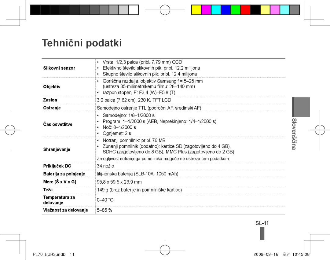 Samsung EC-PL70ZZBPSE2, EC-PL70ZZBPBFR, EC-PL70ZZBPBE1, EC-PL70ZZBPSFR, EC-PL70ZZBCPE1, EC-PL70ZZBPPE1 Tehnični podatki, SL-11 