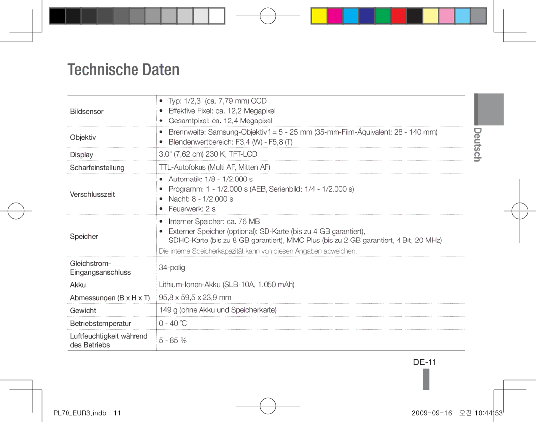 Samsung EC-PL70ZZBPSRU, EC-PL70ZZBPBFR, EC-PL70ZZBPBE1, EC-PL70ZZBPSFR, EC-PL70ZZBCPE1, EC-PL70ZZBPPE1 Technische Daten, DE-11 