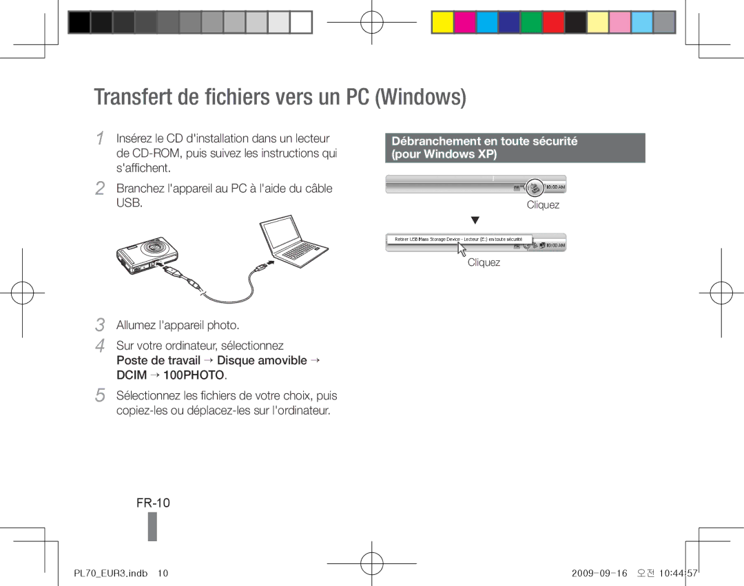 Samsung EC-PL70ZZBPPE2 Transfert de fichiers vers un PC Windows, FR-10, Débranchement en toute sécurité, Pour Windows XP 