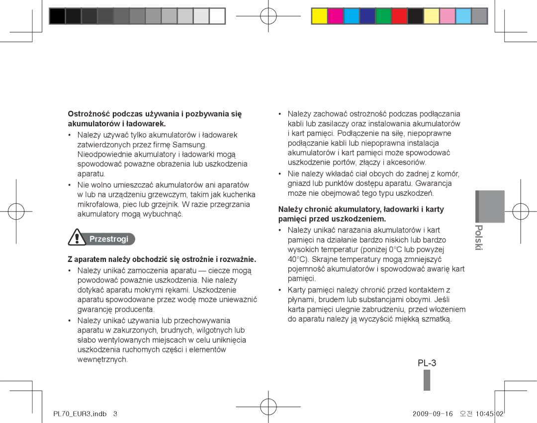 Samsung EC-PL70ZZBCPIT, EC-PL70ZZBPBFR, EC-PL70ZZBPBE1 manual PL-3, Przestrogi, Należy unikać narażania akumulatorów i kart 