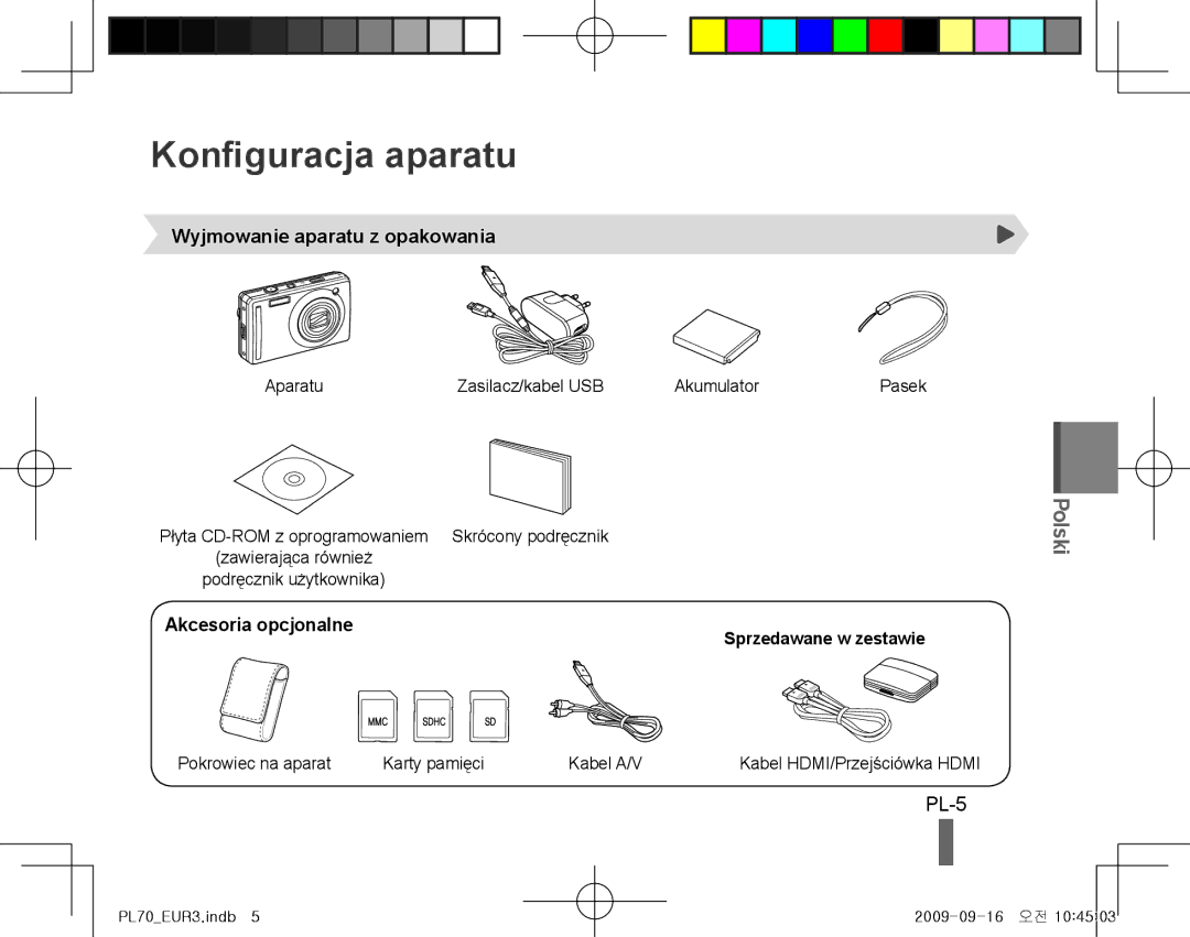 Samsung EC-PL70ZZDPBME, EC-PL70ZZBPBFR Konfiguracja aparatu, PL-5, Wyjmowanie aparatu z opakowania, Akcesoria opcjonalne 