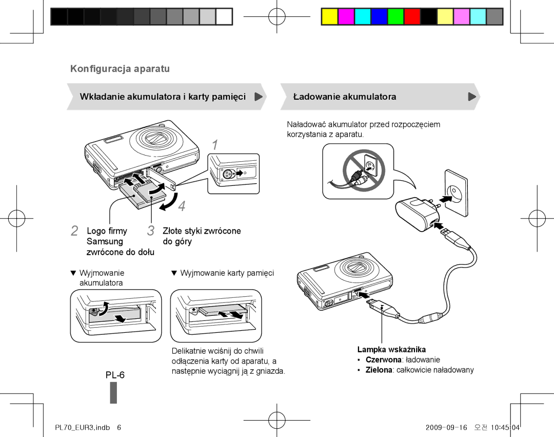 Samsung EC-PL70ZZBPSSA manual PL-6, Wkładanie akumulatora i karty pamięci, Ładowanie akumulatora, Lampka wskaźnika 