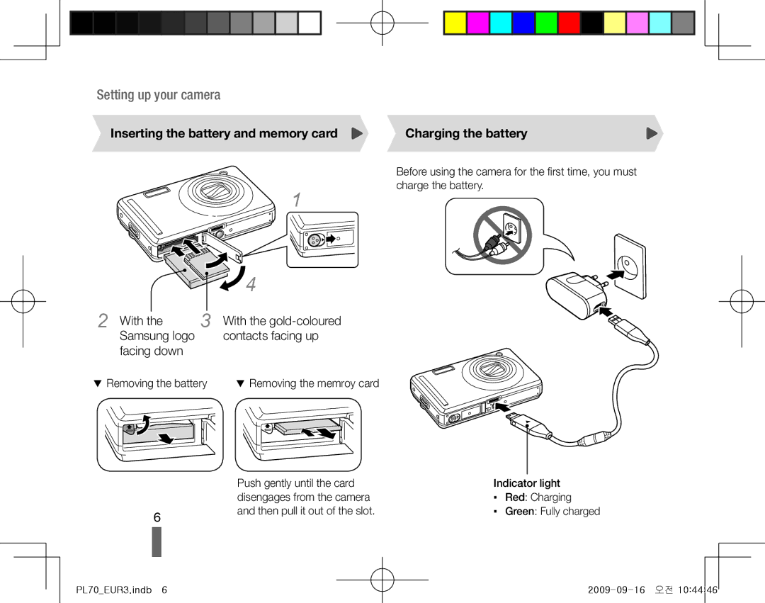 Samsung EC-PL70ZZBPRIT, EC-PL70ZZBPBFR manual Inserting the battery and memory card Charging the battery, With, Facing down 