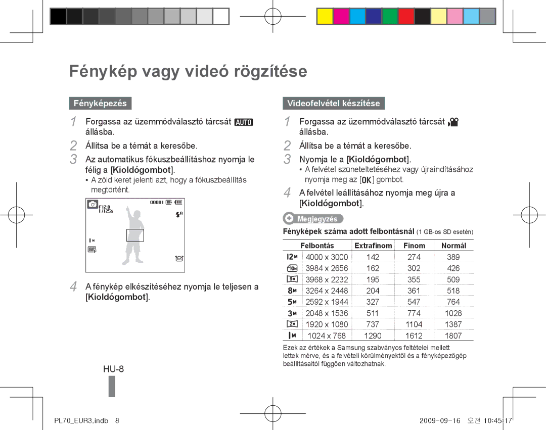 Samsung EC-PL70ZZDPSME, EC-PL70ZZBPBFR manual Fénykép vagy videó rögzítése, HU-8, Fényképezés, Videofelvétel készítése 