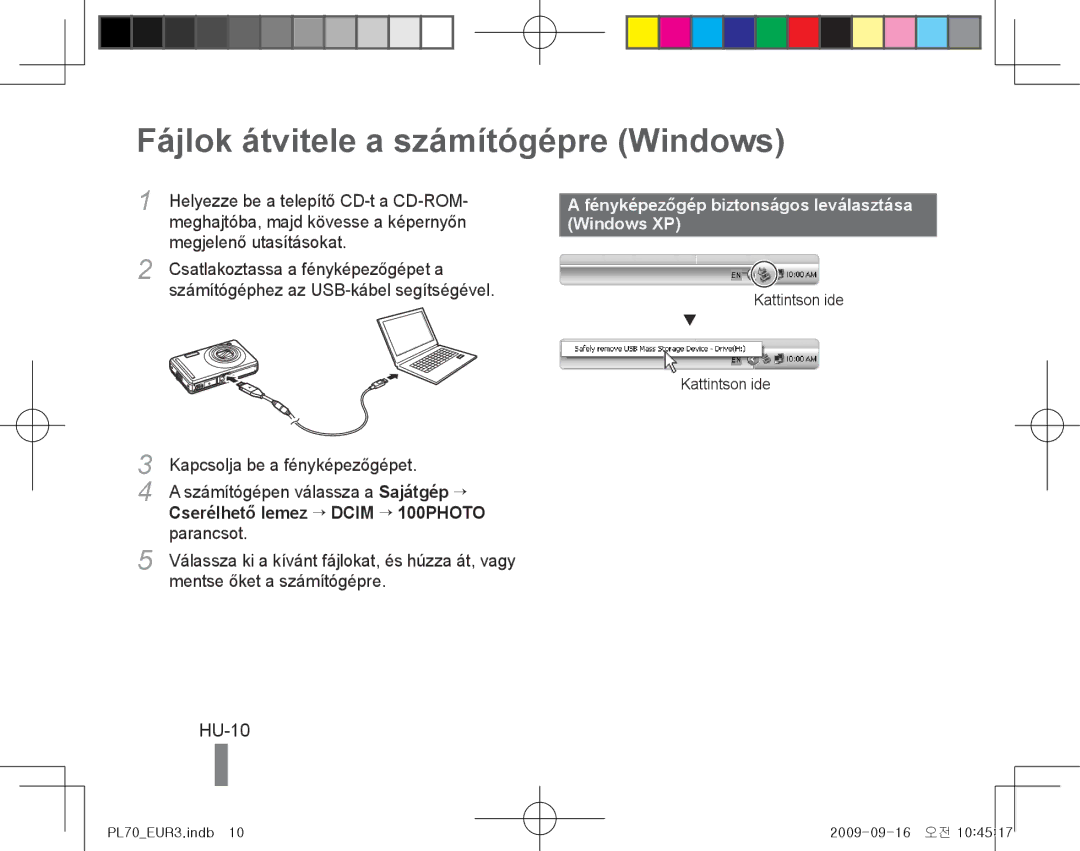 Samsung EC-PL70ZZBPSSA Fájlok átvitele a számítógépre Windows, HU-10, Fényképezőgép biztonságos leválasztása Windows XP 