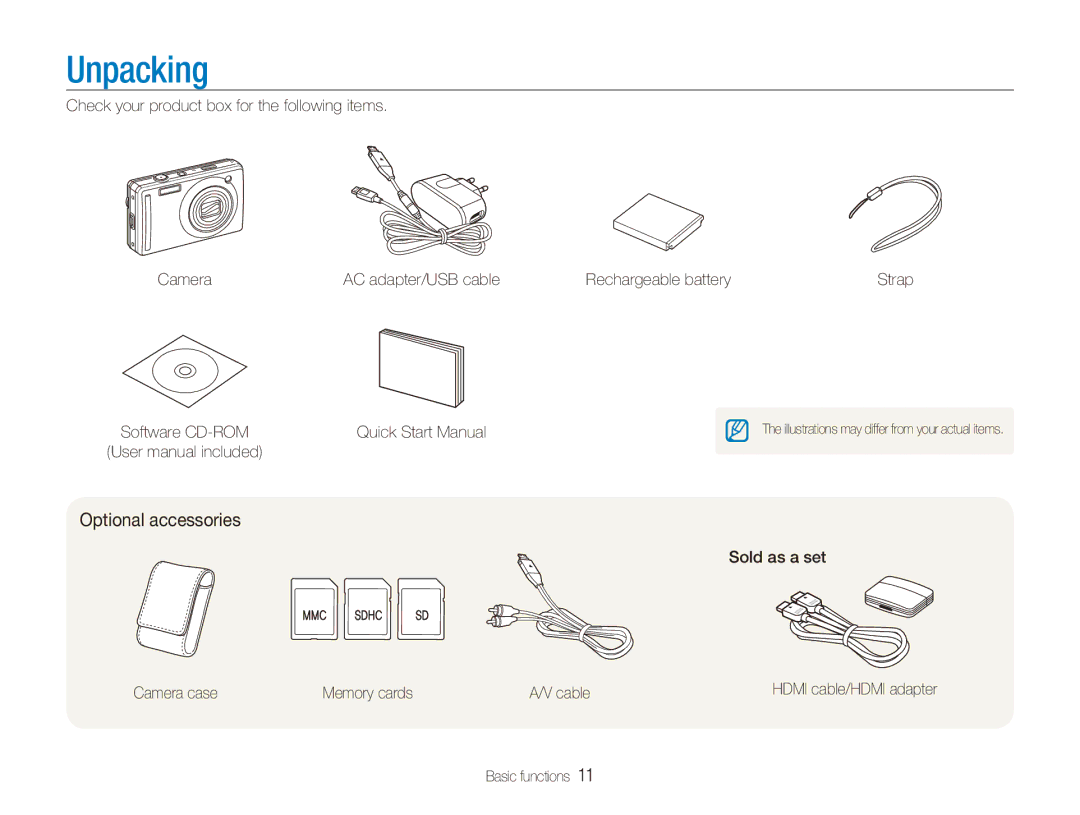 Samsung EC-PL70ZZBPSSA Unpacking, Optional accessories, Sold as a set Camera case Memory cards Cable, Basic functions 