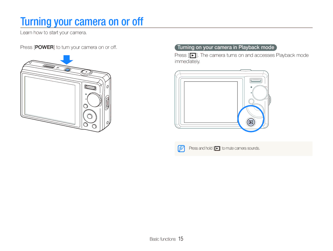 Samsung EC-PL70ZZBPRVN, EC-PL70ZZBPBFR manual Turning your camera on or off, Turning on your camera in Playback mode 