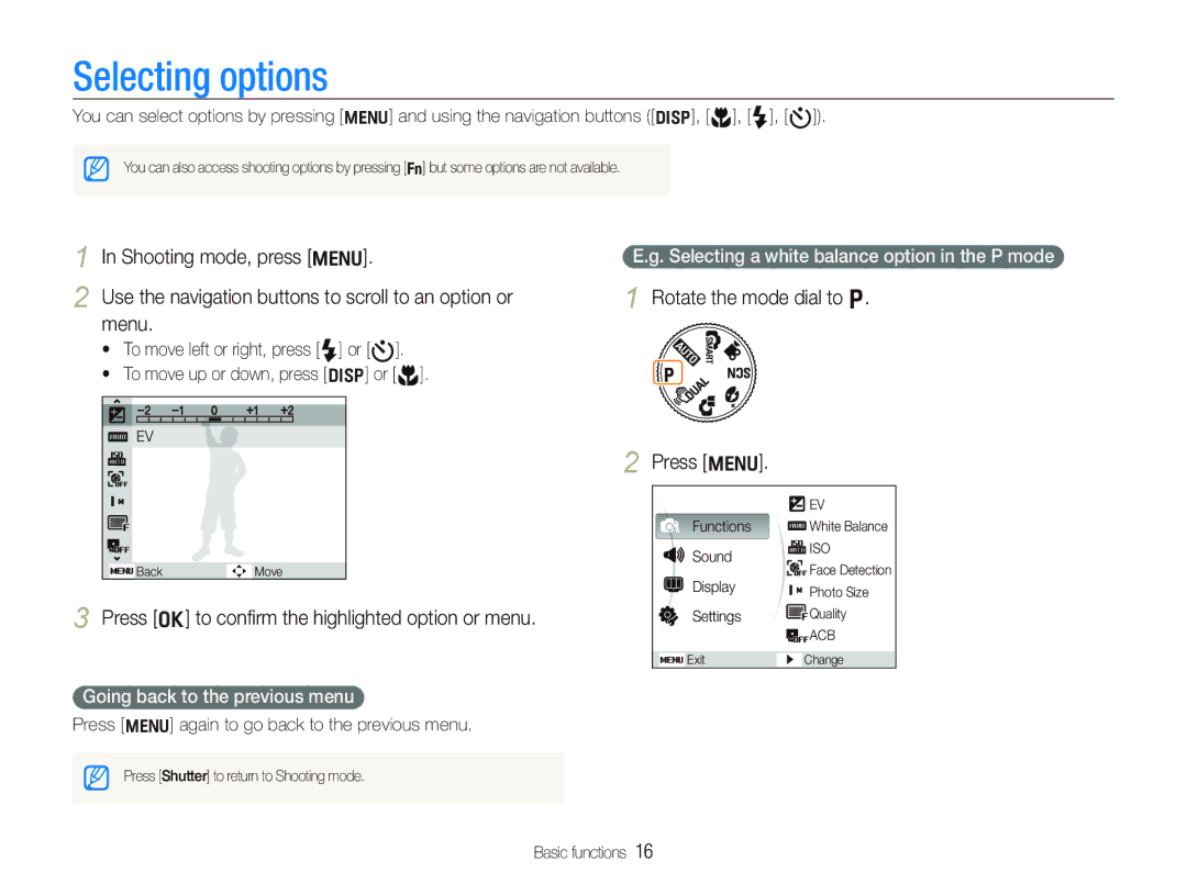 Samsung EC-PL70ZZBPSVN, EC-PL70ZZBPBFR, EC-PL70ZZBPBE1 Selecting options, Press o to conﬁrm the highlighted option or menu 