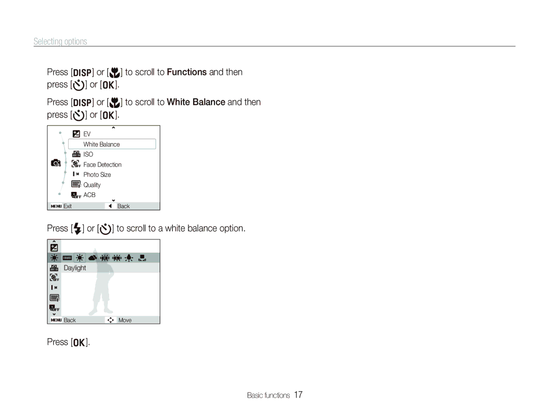 Samsung EC-PL70ZZBPBE3, EC-PL70ZZBPBFR manual Selecting options, Press F or t to scroll to a white balance option, Press o 