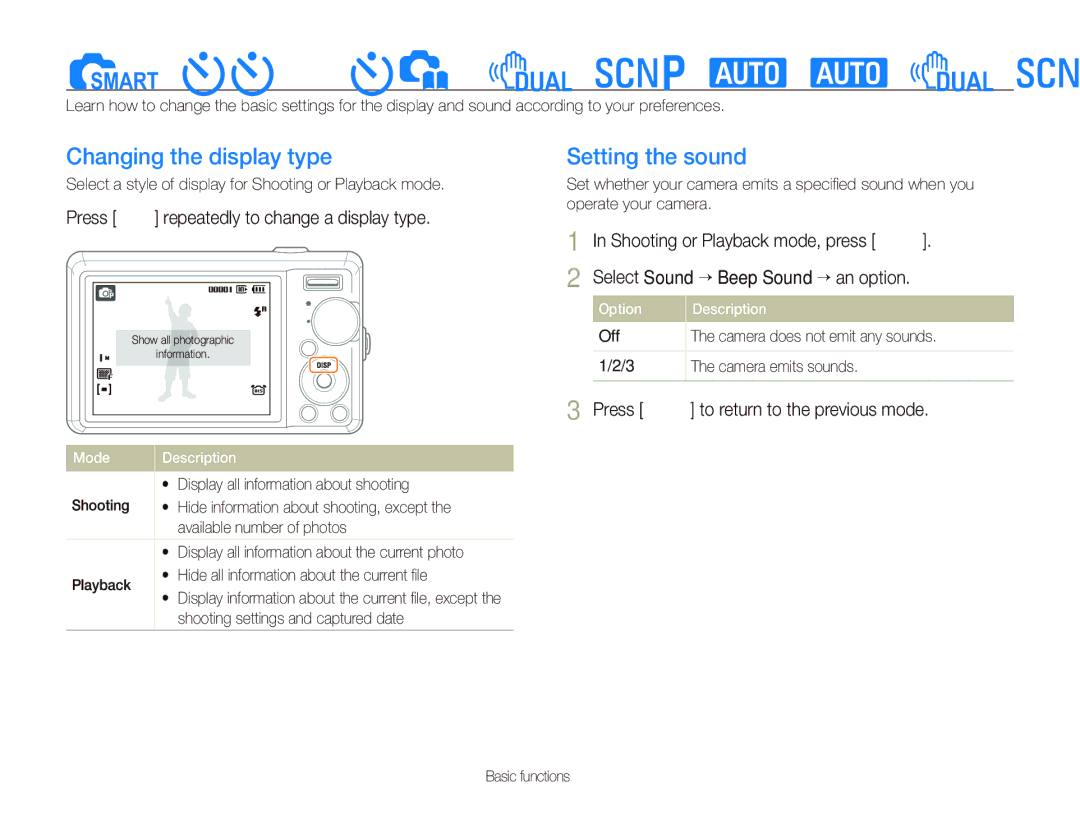 Samsung EC-PL70ZZBPPE3, EC-PL70ZZBPBFR manual Setting the display and sound, Changing the display type, Setting the sound 