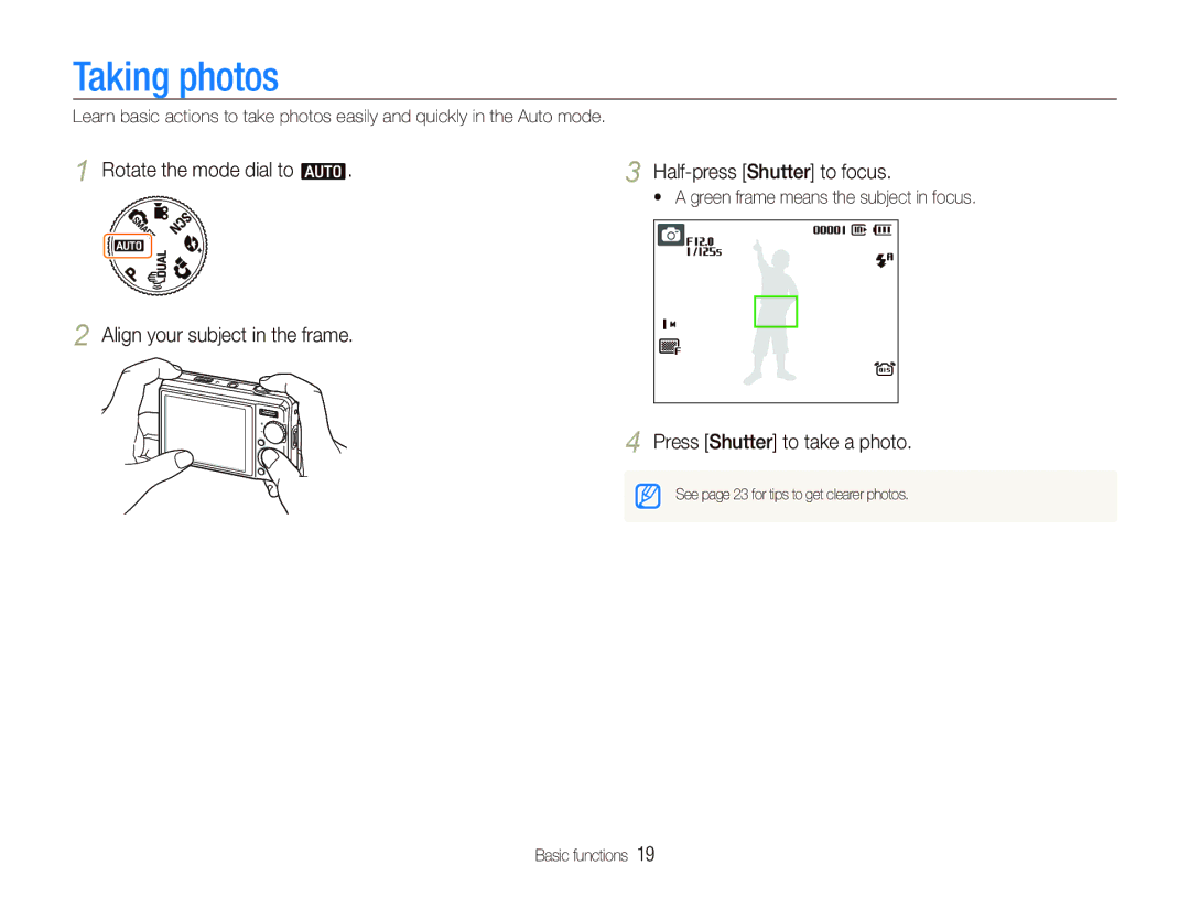 Samsung EC-PL70ZZBCPE3, EC-PL70ZZBPBFR, EC-PL70ZZBPBE1, EC-PL70ZZBPSFR manual Taking photos, Press Shutter to take a photo 