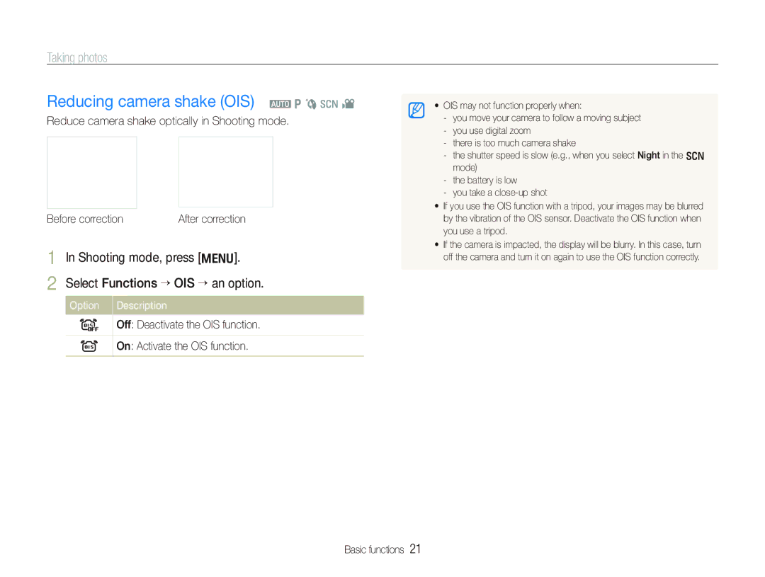 Samsung EC-PL70ZZBPRE1 manual Reducing camera shake OIS a p b s, Shooting mode, press m Select Functions “ OIS “ an option 