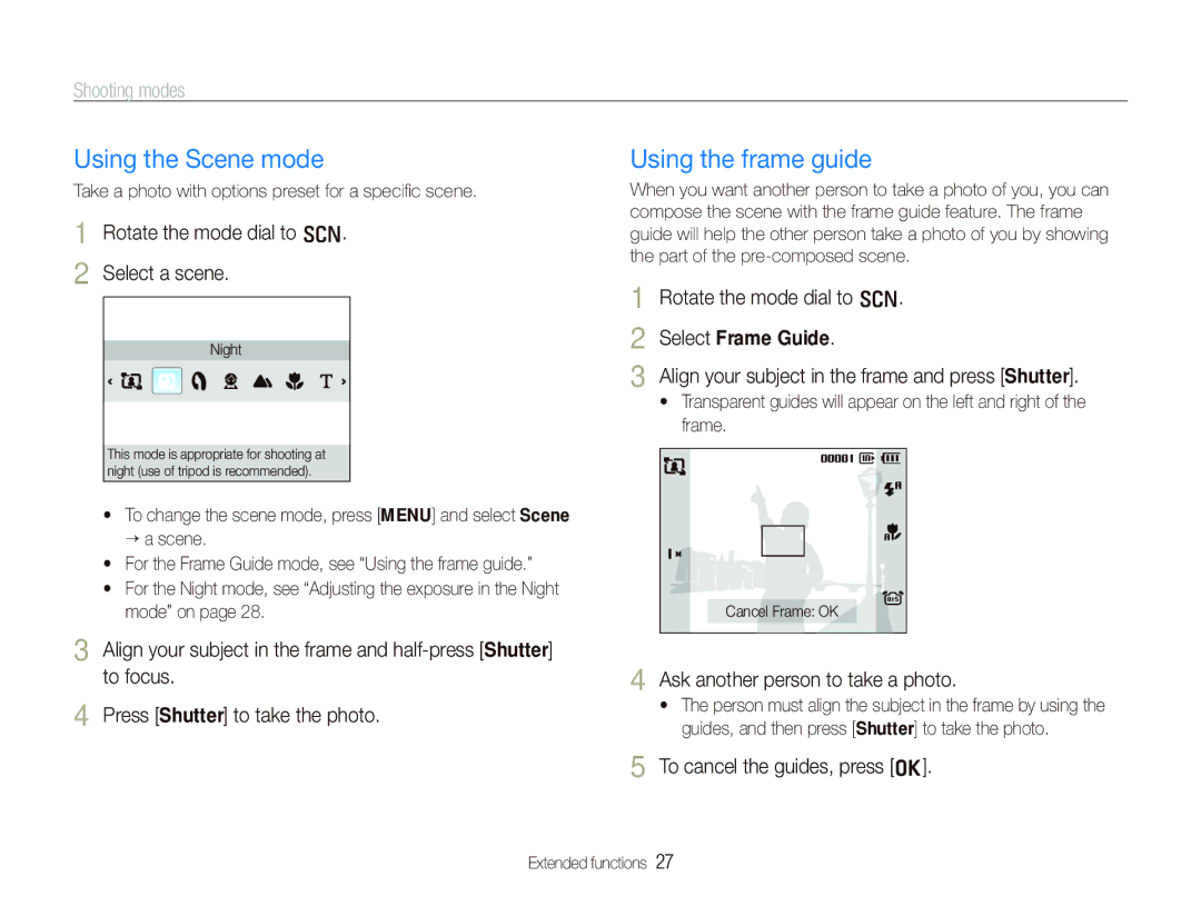 Samsung EC-PL70ZZBPBE2, EC-PL70ZZBPBFR, EC-PL70ZZBPBE1 manual Using the Scene mode, Using the frame guide, Shooting modes 