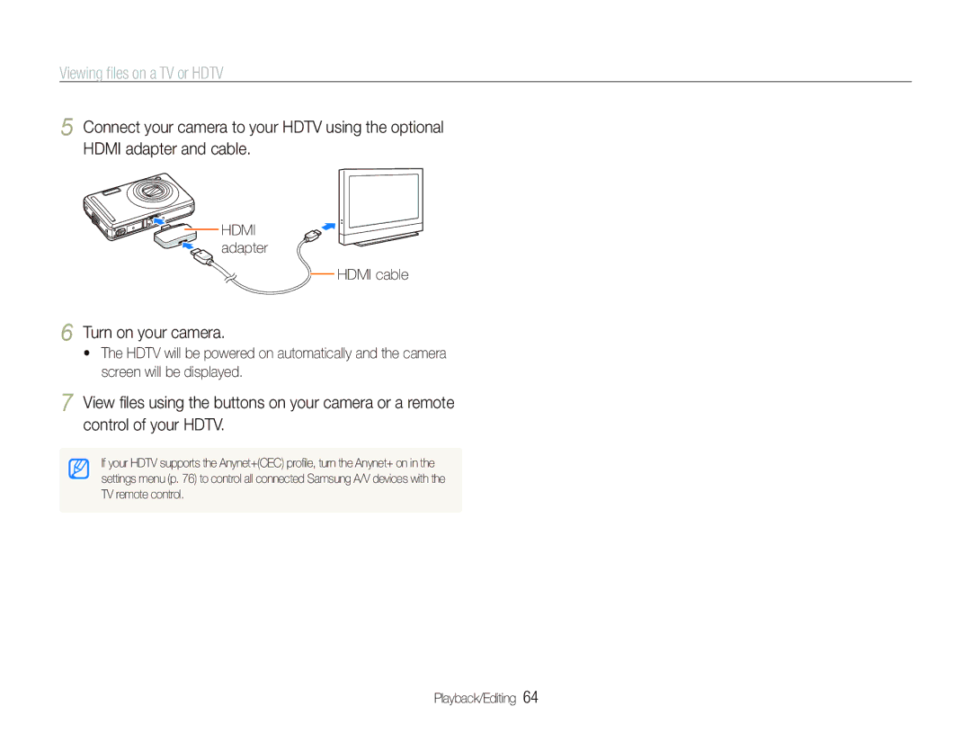 Samsung EC-PL70ZZBPPRU, EC-PL70ZZBPBFR manual Viewing ﬁles on a TV or Hdtv, Turn on your camera, Hdmi adapter Hdmi cable 